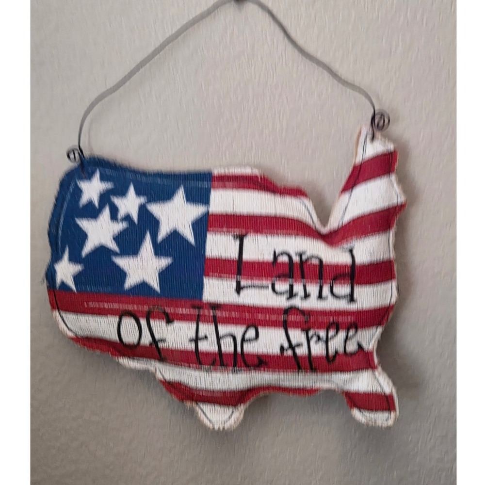 Primitive Burlap USA Map American Flag Wall Hanging Land of the Free Decor